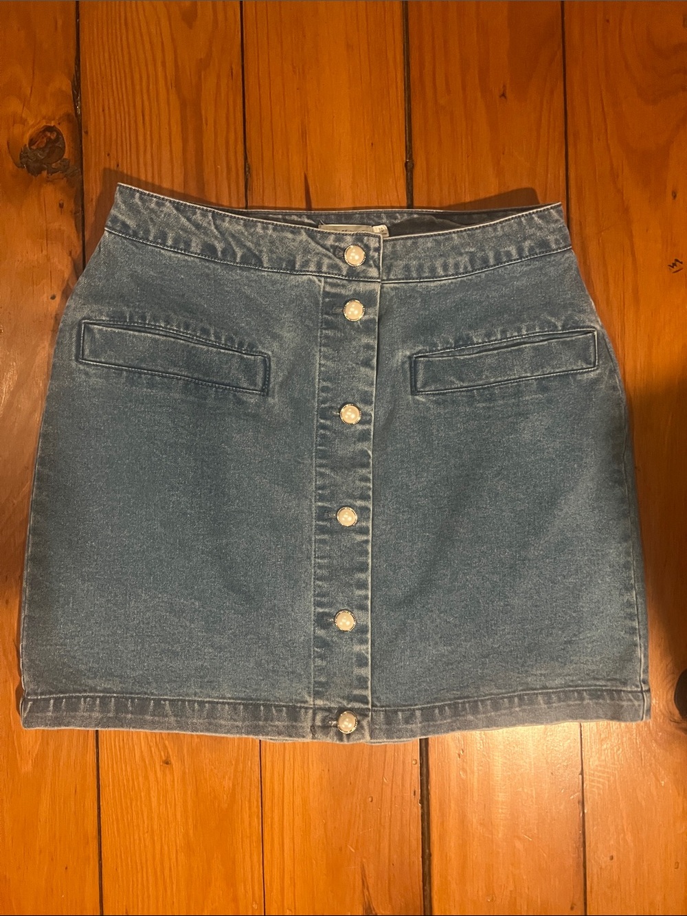 Avec Les Filles Button-Front Denim Mini Skirt w/ Pearl Buttons Size 10